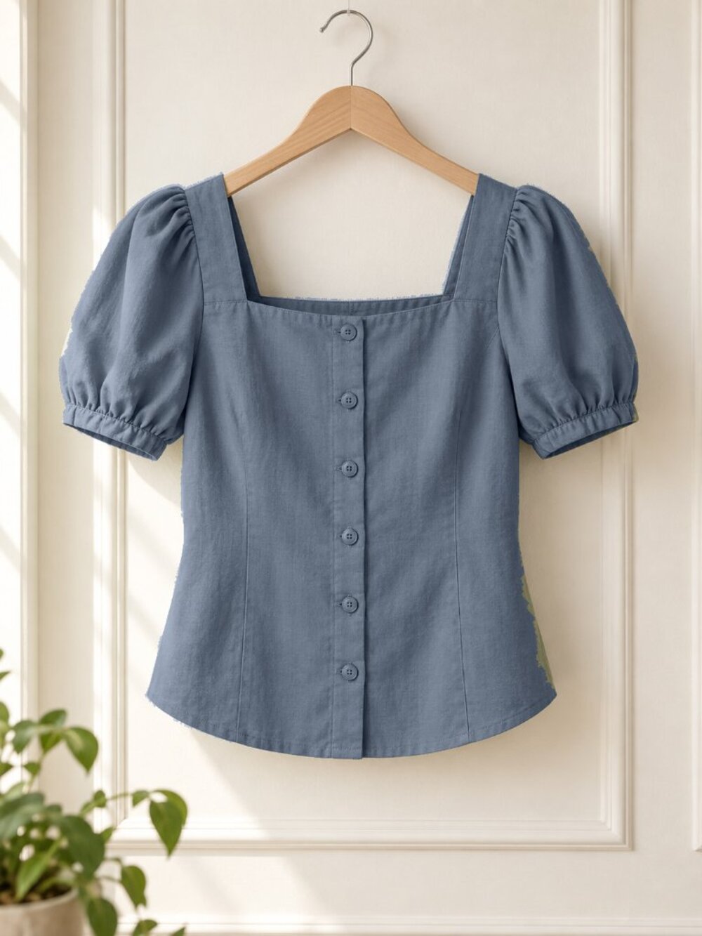 Women's Slate Gray Square Neck Puff Sleeve Button Front Blouse